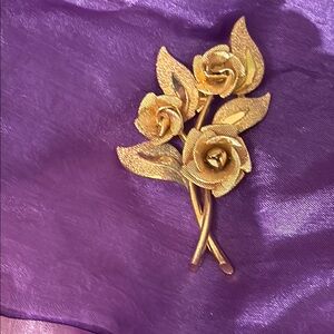 Gold Tone Stem of Roses Brooch
